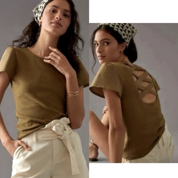 Anthropologie Tops - Anthropologie Women's Army Green Puff Sleeve Criss Cross Back Size M Boho Ballet